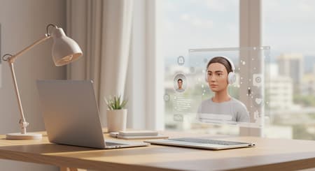 A simple, elegant workspace image showing a digital twin integrated into a social media feed with smooth, clean lines.