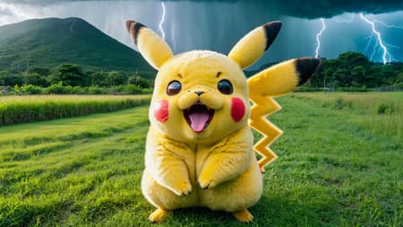 high quality art , taken with a professional grade camera with exquisite color grading , full body , massive pikachu , happy face ,mouth , tongue , fangs , pokemon , grass around , real , photoreal , strong legs and hands , fluffy , 35mm , lightnings and thunder around , (tries to hug:1.2) , large claws on hands, electric aura around