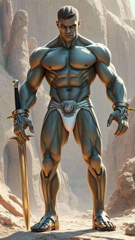 Sci-Fi futuristic fantasy, legend, homo-erotica. On an Alien world, handsome giants known as Brutons emerged from the rock formations. They look like living statues with their marble-like skin and gemstone colored eyes. They stand at 7feet tall or taller, and their bodies are physical perfection with broad chests and backs, narrow waists, muscular sinewy bodies, strong massive arms, powerful legs. Their bodies are sculpted to perfection by nature, and they wear very little clothing other than iridescent diaphanous white thongs on their girthy genitals and metallic sandals with straps up to the calves. There may be metallic bands around the tops of their biceps, and metallic bracers on their arms. They all wear metallic circlets around their foreheads, their hair is short and sculpted, usually a wavy fade hairstyle of any color.
They help build the futuristic city as well as guard it, carrying huge shining swords or fighting with their own massive muscles. When they are not standing at attention, they keep company with each other, laying together and absorbing sunlight. They do not sweat, but their bodies glisten and sparkle from the microcrystals inside their bodies. They do not speak, but share a telepathic bond with one another. They are an all-male race, looking only to each other for pleasure when not building or gaurding. The other aliens on their planet appreciate and love them very much for all they do. Sci-Fi futuristic fantasy, legend, homo-erotica. On an Alien world, handsome giants known as Brutons emerged from the rock formations. They look like living statues with their marble-like skin and gemstone colored eyes. They stand at 7feet tall or taller, and their bodies are physical perfection with broad chests and backs, narrow waists, muscular sinewy bodies, strong massive arms, powerful legs. Their bodies are sculpted to perfection by nature, and they wear very little clothing other than iridescent diaphanous white thongs on their girthy genitals and metallic sandals with straps up to the calves. There may be metallic bands around the tops of their biceps, and metallic bracers on their arms. They all wear metallic circlets around their foreheads, their hair is short and sculpted, usually a wavy fade hairstyle of any color.
They help build the futuristic city as well as guard it, carrying huge shining swords or fighting with their own massive muscles. When they are not standing at attention, they keep company with each other, laying together and absorbing sunlight. They do not sweat, but their bodies glisten and sparkle from the microcrystals inside their bodies. They do not speak, but share a telepathic bond with one another. They are an all-male race, looking only to each other for pleasure when not building or gaurding. The other aliens on their planet appreciate and love them very much for all they do.