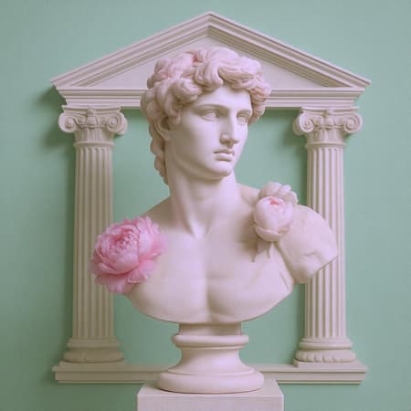 AI Bust Adorned Design A plaster bust of David adorned with soft pink peonies, set against a backdrop inspired by the Doric order, all framed by a mint green background, maintaining an elegant and classical yet vibrant aesthetic.