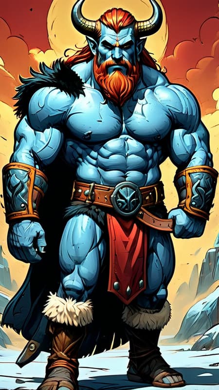 From the realm of faeries and fantasy. A handsome troll with pale blue skin (((blue skin))). Warrior, barbarian, giant. He wields a giant Viking war axe. Tall, strong, big muscles, muscular, sinewy, broad chested, wide back, narrow waist, bodybuilder. Short fiery red hair, mullet with fluffy middle-parted bangs. White steer horns curved upwards from the front of his temples. Handsome masculine rugged face, Icy blue eyes, strong brow and jaw. Dark red neatly trimmed Beard, close to face with sideburns. Golden pauldrons trimmed with black on broad shoulders. Black leather bondage harness on his bare chest, dark blue tribal tattoos on his chest. Black leather bracers on strong arms. White fur loincloth covering his girth, exposing strong muscular legs, a golden Viking styled belt trimmed with black around his waist. Knee-high black leather boots with white fur tops. A Scarlet-red short cape with golden-yellow Viking designs trim around the edges. Full body pose, axe raised in warrior stance, red hair in his armpits. {{MASTERPIECE}} From the realm of faeries and fantasy. A handsome troll with pale blue skin (((blue skin))). Warrior, barbarian, giant. He wields a giant Viking war axe. Tall, strong, big muscles, muscular, sinewy, broad chested, wide back, narrow waist, bodybuilder. Short fiery red hair, mullet with fluffy middle-parted bangs. White steer horns curved upwards from the front of his temples. Handsome masculine rugged face, Icy blue eyes, strong brow and jaw. Dark red neatly trimmed Beard, close to face with sideburns. Golden pauldrons trimmed with black on broad shoulders. Black leather bondage harness on his bare chest, dark blue tribal tattoos on his chest. Black leather bracers on strong arms. White fur loincloth covering his girth, exposing strong muscular legs, a golden Viking styled belt trimmed with black around his waist. Knee-high black leather boots with white fur tops. A Scarlet-red short cape with golden-yellow Viking designs trim around the edges. Full body pose, axe raised in warrior stance, red hair in his armpits. {{MASTERPIECE}}