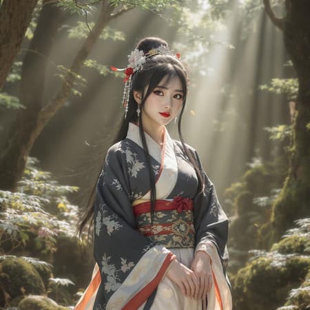 A young Asian woman gracefully stands in a serene forest, adorned in an elegant kimono that blends harmoniously with the natural surroundings. The scene is rendered with the stunning realism and detail characteristic of Unreal Engine 5, capturing the romantic essence of ancient illustrations. Her attire reflects the timeless elegance of the Western Zhou Dynasty, featuring intricate patterns in hues of dark white and light red. The image is in sharp focus, highlighting the delicate features of the woman and the lush texture of the forest. Bathed in a solarizing light, the setting takes on an ethereal quality, enhancing the detailed character rendering and creating a captivating fusion of tradition and immersive artistry.