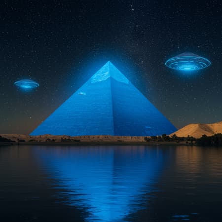 Blue Pyramid A luminous blue pyramid casts its reflection over the tranquil waters of the Nile as an alien spacecraft hovers nearby under a star-studded sky, creating an otherworldly scene in a 16:9 composition with refined detail and clarity.