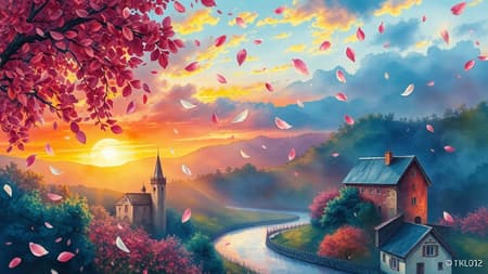 Watercolor, wet on wet, sunrise, petals rain, watercolor patchwork landscape village art inspired by Daniel Merriam, Josephine Wall, Alena Aenami, Albert Bierstadt, Alyn Spiller, Jeremy Lipkin, Alayna Danner, Ricardo Ow, holographic reflection, glossy, wet, shimmer, cinematic smooth, super clear resolution, intricate, highly detailed, crispy quality, dynamic lighting, hyper-detailed and realistic, fantastic view with 8k, UHD, HDR clarity. Lush and vibrant colors blend seamlessly, capturing the ethereal beauty of a sunrise; petals cascade gently in a dream-like fashion, evoking a serene and magical scene. The composition is free from imperfections, maintaining high aesthetic standards with pristine resolution and vivid imagery.