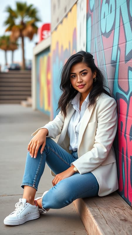 FlorencePugh3 Half-Up Half-Down: Show off your black hair with this versatile hairstyle that combines the elegance of both hair down and pulled back. Gather the top section and secure it with a stylish hair tie or clip, letting the rest of your hair flow freely for an effortless look perfect for school or social gatherings. The Sitting/Leaning Pose: Choose a visually appealing spot like a bench, staircase, or wall to sit or lean against. Relax into the pose, maybe cross your legs or lean casually, capturing your natural charm with a laid-back and effortless vibe. Casual-Chic: Balance comfort with elegance by wearing high-quality basics like fitted jeans, a crisp white button-down, and a tailored blazer. Add statement accessories or trendy sneakers for a stylish yet relaxed look perfect for everyday posts. Venice Beach: Experience the vibrant and eclectic atmosphere of Venice Beach with unique photo opportunities. Capture the colorful graffiti walls along the Venice Boardwalk, strike a pose against the swaying palm trees, or enjoy the ocean breeze while snapping shots on the sandy beach. Photographed in ultra-high resolution with real shadow, using Canon EOS R6, 135mm, 1/1250s, f/2.8, ISO 400. Featuring a male model with curly hair, an afro, and bangs, smiling naturally.