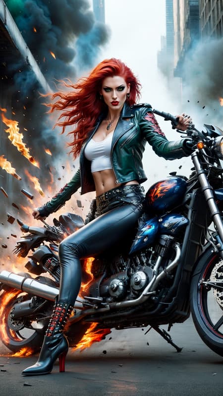 young woman, female. Heavy Metal biker Chick,  also super-hero.  Long, wild flaming red hair swept back on one side. Jade green eyes, Ruby red lips. Pretty, model girl, athletic, tall, busty. Black leather jacket, studded leather bracelets on arms. Black leather mini-skirt, studded leather belt. Long legs, thigh high stiletto-heeled black leather boots.  Red energy/fire from right hand/fist, blue energy/fire from left hand/fist.  Full body pose. She always has a Harley motorcycle somewhere close by, high powered and lights on. 