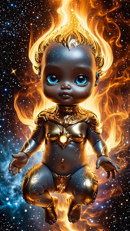 Little flaming cosmic babies. They all have fiery auras, the flames are cosmic and can burn in space. The gold ones have reflective metallic gold skin and glowing Amber eyes, the silver ones have metallic chrome skin and glowing white or glowing blue eyes. They all have a tiny flame emitting from their foreheads, signifying their power. They hang out together in groups, flying through the cosmos feeding on the energy from gas clouds. They are a peaceful and inquisitive race of beings, exploring thr universe in all its wonders. Little flaming cosmic babies. They all have fiery auras, the flames are cosmic and can burn in space. The gold ones have reflective metallic gold skin and glowing Amber eyes, the silver ones have metallic chrome skin and glowing white or glowing blue eyes. They all have a tiny flame emitting from their foreheads, signifying their power. They hang out together in groups, flying through the cosmos feeding on the energy from gas clouds. They are a peaceful and inquisitive race of beings, exploring thr universe in all its wonders.