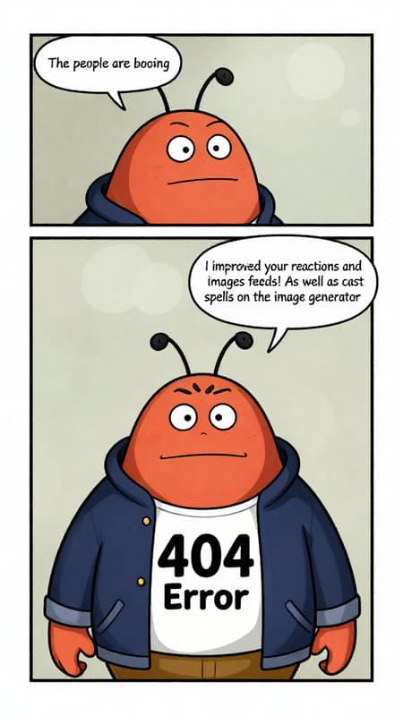 Remove the text "The people are booing" from second panel text. Add speech bubbles to the bug in the second panel saying "I improved your reactions and images feeds! As well as cast spells on the image generator" Make the bug's jacket dark blue and put "404 Error" prominently on his chest on his white shirt..