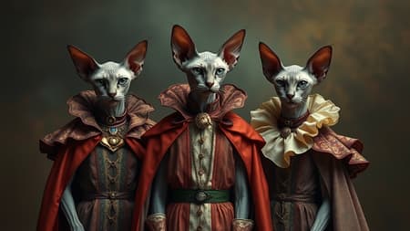 Three hairless Sphinx cats pose elegantly, draped in opulent, avant-garde costumes reminiscent of Tim Walker's dreamlike vision. Their garments are intricately detailed, blending elements of surrealism and baroque artistry, echoing the imaginative flair of Sacha Goldberger. The overall composition exudes a mysterious and haunting allure akin to Nicola Samori's aesthetic, as the cats stand against a dramatic, atmospheric backdrop that heightens their otherworldly presence.