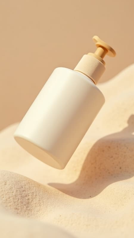 A sleek, modern cream-colored bottle with a matte texture, gracefully positioned at an angle on a grainy sandy background. The bottle showcases a smooth, compact shape with a cleverly integrated handle on the cap. The cap is topped with a muted orange oval presser and features a subtle side indicator, adding to its stylish and practical design. Captured in natural light with a shallow depth of field, the image exudes a cozy and sophisticated product photography vibe.