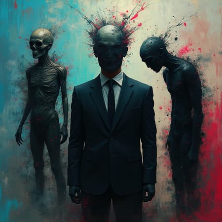 A surreal, abstract artwork showcases three enigmatic figures. The central figure wears a dark suit and has a faceless head exuding a haunting aura, with shadowy and obscured features. To the left, a distorted humanoid emerges, its intricately textured form merging seamlessly with the background, embodying a sense of fluidity and mystery. On the right, the figure is hunched, wrapped in dark attire, its body a mosaic of chaos and fragmentation, suggesting a turbulent existence. The background is a vibrant swirl of blue, red, green, and pink, interwoven with digital glitches and abstract strokes that harmonize the scene. The overall style remains expressive and emotional, characterized by heavy textures and bold colors that convey a sense of visual disintegration and depth.