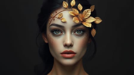A woman's face adorned with a shimmering golden design amid a dark gray backdrop, embodying the essence of nature-inspired compositions; the scene captures a loose composition and the aesthetics of flowerpunk artistry. Zbrush-like detail brings forth an elegant realism, her visage bathed in chiaroscuro, highlighting her features in a 2:3 aspect ratio.