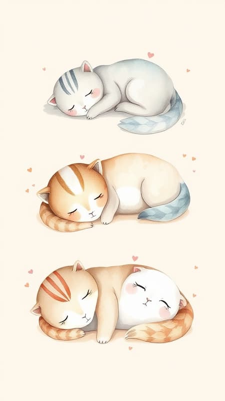 Charming UI illustration of cute animals napping, capturing relaxation and mindfulness, painted in watercolor with a soft pastel color palette against a khaki background.