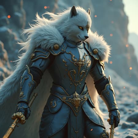 A regal knight poised in dynamic action, depicted with the cutting-edge realism of an Unreal Engine render, showcasing an intricate blend of dark gold and pristine white armor. Highlighting close-up intensity, the knight's armor features metallic finishes reflecting ambient light. Set in an aurorapunk world, the cinematic backdrop blends ethereal auroras with high-tech architecture. Influences from furaffinity are subtly woven into the character’s design, adding an otherworldly yet noble essence. The overall composition maintains an aspect ratio of 71:63, with a creativity level set to stir the imagination.