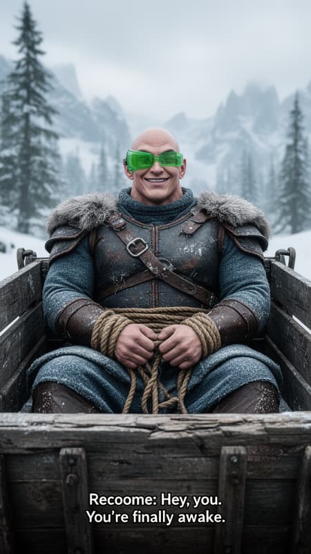 A Photorealistic, Cinematic Vertical Medium a photorealistic, cinematic vertical medium shot of a towering, muscular alien warrior unmistakably resembling Recoome from Dragon Ball Z, reimagined in grounded live-action realism, seated in the back of a weathered wooden prisoner wagon during a cold northern journey; he is framed waist-up from a slightly low angle, evoking the iconic opening scene of Skyrim, posture relaxed yet imposing, broad shoulders filling the frame; he wears rugged Stormcloak armor—layered leather and rough-spun blue-gray cloth, fur-lined pauldrons, iron clasps, and worn stitching—battle-scarred and dusted with frost; his skin is fair, facial structure sharp and powerful, expression calm and almost amused, as if unfazed by captivity; over his left eye sits a classic green scouter, semi-transparent lens glowing faintly, its metallic frame catching the cold light; thick rope binds his wrists, resting in his lap, the fibers rough and weathered; the wagon wood is cracked, splintered, and darkened by age; background falls into soft focus, revealing a harsh Skyrim-like winter landscape—snow-covered mountains, tall pine trees, pale overcast sky; lighting is cold and natural, diffused through cloud cover, emphasizing fabric texture, frost, skin detail, and metal wear; shallow depth of field, realistic color science, subtle film grain; the frame reads as a grounded fantasy film still, blending Dragon Ball sci-fi elements with gritty Nordic realism. A small subtitle near the bottom reads in a font that came from Skyrim's UI "Recoome: Hey, you. You're finally awake." with Recoome in a grey color and the rest of the text in white.