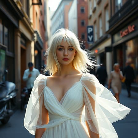 Capture an urban street style photo of a young woman with striking silver hair dressed in a futuristic, ethereal white dress that seems to float effortlessly. Shot in the lively streets of Soho, this scene is illuminated by soft natural light. The image exudes a vibrant yet timeless aura, reminiscent of being captured on vintage Agfa Vista 200 film, rendered in stunning 4k resolution with an aspect ratio of 9:16 to emphasize the city's vertical lines and the dress's unique design.