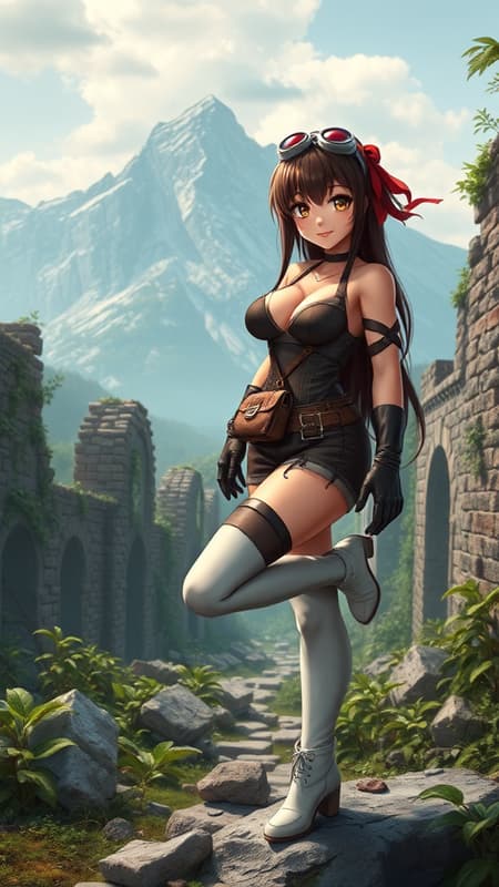 masterpiece best quality soft lighting high resolution looking at viewer solo smiling character goggles on head amber eyes brown eyes long brown hair with a red ribbon wearing brown shorts leather gloves a pouch thigh-highs white boots medium bust with a cleavage cutout shrug depicted in a full body pose standing on one leg amidst overgrown ruins with a mountain backdrop capturing an ultra-high-definition vibrant scene with no duplications mutations or distortions maintaining clarity and focus throughout avoiding low resolution or any distracting elements