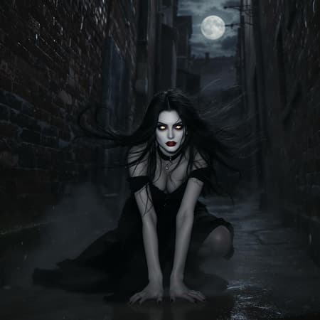 A captivating vampire woman with long, messy hair blowing in the wind stands menacingly in a Victorian back alley, her jewel-like eyes locked onto the viewer. She crouches with a predatory grace, pinning the camera's gaze, as if ready to feast. The dark alley, bathed in the dramatic interplay of detailed rim and dramatic lighting, is filled with swirling dust particles illuminated by the full moon and a night sky dotted with stars and dark clouds. Her black dress contrasts sharply with her pale skin, creating a striking visual. The ambiance reflects the intricate and high-detail artistry reminiscent of John Constable, Ed Blinkey, Atey Ghailan, Jeremy Mann, Greg Manchess, and Antonio Moro, and is trending on platforms like ArtStation and CGSociety. The scene possesses a surreal blend of eerie allure and ominous beauty, crafted with an Asian influence. The image, though stunning, avoids elements like weird colors, disproportionate or mutated features, ensuring a coherent and aesthetically pleasing portrayal.