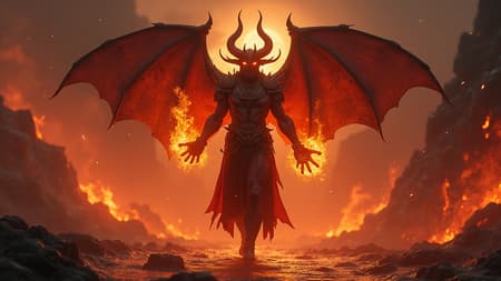 Generated Demonic Deity Demonic deity with a crown of horns stands commanding, engulfed hands ablaze with fire magic, confidently striding across a river of molten lava. A masterpiece of digital art, merging best quality computer-generated imagery into a captivating wallpaper. Rendered in high dynamic range with cinematic precision, the scene showcases ultra-detailed facial features captured in hyperrealistic, 8K resolution. The artistry is exemplified by high-resolution textures and dynamic lighting, reminiscent of an ArtStation showcase, powered by the Unreal Engine and Octane Renderer. The image is a high-quality, 4K ultra-detailed depiction that is awe-inspiring and intricately crafted, portraying refined creative vision minus any deformities or artistic flaws.