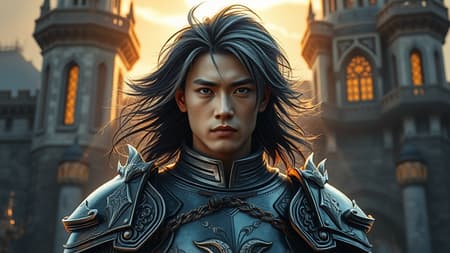 Medieval fantasy portrait of an armored strikingly handsome Asian warrior standing before a grand fantasy castle, illuminated by the radiant morning light. His flowing hair, a striking blend of black and silver, frames his fiercely chiseled features. His eyes, crackling with an electric glow, emit an intense and unnerving energy, hinting at a psychopathic edge beneath his composed exterior. The intricate armor reflects hints of mythical designs, enhancing his imposing presence.