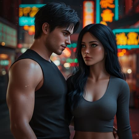 Realistic portrait of an exceptionally beautiful young woman with a handsome young man, gazing deeply into each other's eyes amidst the vibrant backdrop of an Asian market. Neon signs illuminate the night, casting a colorful glow. Both have striking green eyes; she has a perfect fitness body with long legs, and he has a strong athletic build. They possess symmetrical faces with her expressive doe eyes, beautiful freckles, high cheekbones, and long, flowing, ink-black hair. Delicate makeup accentuates her features. The scene is captured with a narrow aperture of 1.8, creating a bokeh effect with a touch of lens flare. They share a melancholy yet romantic expression, creating an extradimensional aura. The environment is ultra HD and HDR in 8k, with cinematic lighting that brings out extremely high details, highlighting the bustling market's energy with its night city lights.