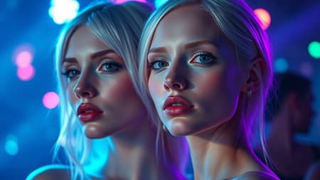 Glamour Fashion Photograph Artwork Glamour fashion photograph of albino twin sisters under ethereal blue and purple club lights, captured in a close portrait with dramatic cinematic angles. Volumetric lighting casts a sophisticated glow, accentuating their unique features. The vibrant, high-resolution shot features dynamic backlighting and a soft, enchanting bokeh effect, creating a realistic, yet dreamlike, professional portrait.