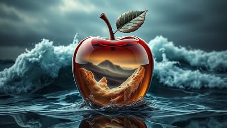 A stunning double exposure image blends a stormy sea with a glossy glass apple, creating a captivating interplay of texture and reflection. The turbulent waters form the underlying backdrop, their dynamic waves subtly incorporated into the apple's surface, achieving a perfect harmony of nature and artistry. The glass apple, appearing lifeless and translucent, exhibits a masterful contrast of earthy tones with hints of decay, conveying a sense of opulence and fragility. The intricately designed apple is captured in hyper-realistic detail, set against a dark softbox environment that enhances its cinematic allure. Employing raytracing and HDR techniques, the image achieves a photorealistic quality, with every detail meticulously rendered to create an intensely immersive and vivid visual experience.