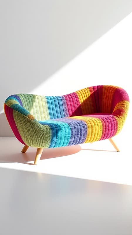 High resolution photography, innovative singular sofa design, rainbow-inspired palette, elegantly curved form, vibrant multi-hued rope texture, captured with Phase One XF IQ4 150MP, connected shooting session, postmodern artistic influence, seamless white background, true-to-life sunlight creating gentle shadows, edge lighting arrangement, light wooden leg accents, professional studio quality, aspect ratio 9:16, raw style emphasis, enhanced stylization, version 6.1.