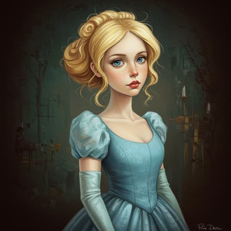 Blonde-haired Cinderella Daeni, Artwork Blonde-haired Cinderella in the style of Pino Daeni, oil painting illustration, full body, surreal colors, dreamlike, slightly blurred, unique artistic twist, ethereal beauty, whimsical charm, delicately rendered features, soft brushstrokes, abstract elements interwoven, playful proportions, imaginative composition, gentle distortions, mysterious ambiance, hints of fantasy, captivating imperfections, artistic liberties evident, harmonious blend of realism and fantasy, intriguing merging of forms, subtle dualities, fascinating visual depth, intriguing blend of classical and surrealist influences.