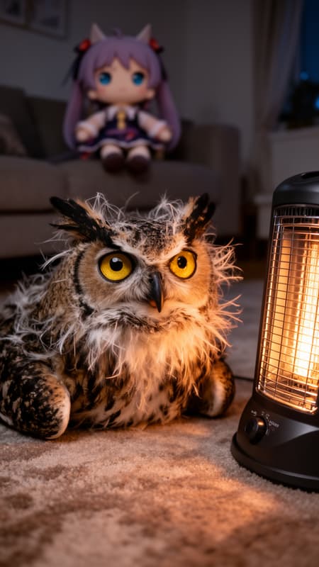 On the first and second image you can see Hooh - large pet great horned owl. I want to make another pic with this owl. On a third - a previous picture, her weird dream she just saw. I want to make a follow-up picture

High angle photo, hotorealistic picture. Hooh is lying on her stomach on a carpet, having clearly fallen asleep next to a humming space heater. Her feathers are wildly disheveled and staticky from the heat. She has just jolted awake, her head lifted, staring directly up and back at the viewer with huge, golden eyes filled with pure, uncomprehending "just-awake" confusion, as if the nightmare's logic still haunts her. The background is a mundane, soft-focus living room at night. Hooh eyes are a little uneven, but large and open. A little unfocused. Try to give this feeling of "just-awake" person.

In the background of the image, sitting in the corner of the room, a blurry but recognizable fumo cirno doll is sitting. 
