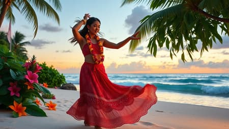 A captivating traditional Hawaiian hula dancer gracefully moves on a pristine tropical beach, surrounded by lush greenery and vibrant flowers, ethereal and dreamlike in a photo-realistic oil painting. The scene is infused with the enchanting spirit of Studio Ghibli and the marine artistry of Robert Wyland, illuminated by dramatic cinematic lighting that casts soft shadows and highlights across the sands and ocean waves. Captured with the depth and intimacy of a 50mm lens, the dancer's attire shimmers with intricate details, from the delicate patterns on her flowing skirt to the fresh, vibrant leis adorning her neck. The hyper-realistic portrayal captures her every expression, evoking a sense of timeless beauty and tranquility. A gentle breeze tousles her hair, and the distant horizon melts into shades of golden dusk, completing the serene and mesmerizing tableau.