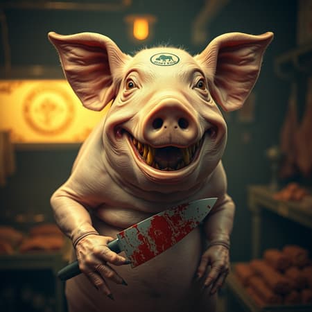 A grotesque, hyper-realistic photograph of a butcher pig with a wide, creepy smile and broken teeth, standing in a dimly lit, warm-toned butcher shop. The pig's eyes are cast directly at the camera, with multiple eyeblows and a skewed gaze. Its body is long and imposing, with a thick, uneven layer of fat, and its limbs are deformed, with conjoined fingers and missing limbs. The pig's hands are awkwardly positioned, with one hand grasping a bloody butcher's knife, and the other hand resting on its hip. The pig's face is a twisted, unnatural visage, with collapsed eyeshadow and a signature, watermarked logo on its forehead. The background is a blurred, low-resolution image of a butcher shop, with a faint, oversaturated glow. The overall effect is one of unease and discomfort, with a sense of something being off or wrong. The image is shot in 8k resolution, with dramatic, hyper-realistic lighting that accentuates the pig's gruesome features. The artist's username, "BleakBones," is emblazoned across the top of the image in bold, gothic letters. A grotesque, hyper-realistic photograph of a butcher pig with a wide, creepy smile and broken teeth, standing in a dimly lit, warm-toned butcher shop. The pig's eyes are cast directly at the camera, with multiple eyeblows and a skewed gaze. Its body is long and imposing, with a thick, uneven layer of fat, and its limbs are deformed, with conjoined fingers and missing limbs. The pig's hands are awkwardly positioned, with one hand grasping a bloody butcher's knife, and the other hand resting on its hip. The pig's face is a twisted, unnatural visage, with collapsed eyeshadow and a signature, watermarked logo on its forehead. The background is a blurred, low-resolution image of a butcher shop, with a faint, oversaturated glow. The overall effect is one of unease and discomfort, with a sense of something being off or wrong. The image is shot in 8k resolution, with dramatic, hyper-realistic lighting that accentuates the pig's gruesome features. The artist's username, "BleakBones," is emblazoned across the top of the image in bold, gothic letters.