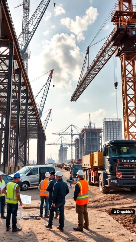 Photographs capturing the bustling activity and dynamic progress at the dry port construction site in Drogobich, featuring cranes lifting steel beams, workers in vibrant safety gear coordinating tasks, large industrial machinery moving earth, and architects discussing blueprints against the backdrop of rising infrastructure, highlighting the blend of modern technology and human effort in this transformative project. Photographs capturing the bustling activity and dynamic progress at the dry port construction site in Drogobich, featuring cranes lifting steel beams, workers in vibrant safety gear coordinating tasks, large industrial machinery moving earth, and architects discussing blueprints against the backdrop of rising infrastructure, highlighting the blend of modern technology and human effort in this transformative project.