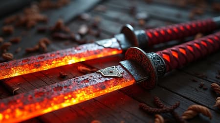 Urban-inspired swords of the dragonborn, crafted with neo-traditional Japanese themes, featuring intense close-up detailing in the style of Magali Villeneuve. Design emphasizes an edgy aesthetic influenced by Xiaofei Yue, blending dark crimson and vibrant orange hues. The setting has a distinctive traincore atmosphere, enhancing the gritty, dynamic essence of the scene.