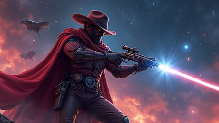 AI Space Outlaw| Design Space outlaw| futuristic wild west| intricate cosmic bounty hunter gear| laser revolver| robotic augmentations| advanced technology| brightly hued| astral frontier| sci-fi western fusion| steampunk essence| cyberpunk flair| stunning nebulas| masterfully illustrated| rich textures| luminescent details| energetic composition| grand ambiance| merging genres| enthralling space saga| hyper-realistic, 4k, in the vein of Neo-Noir.