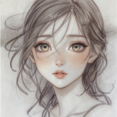 A dreamy sketch of a female face featuring expressive eyes in an anime aesthetic, blending Pont-Aven and Barbizon schools, with masterful shading and textured depth. Heavy shading explores contrasts, adding a cute and whimsical dimension to the composition. The face exudes a serene, ethereal beauty, with delicate contours and soft lines enhancing the overall enchanting effect.