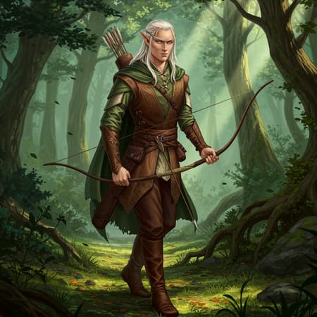 Elf Inspired A male elf inspired by Tanis from Dragonlance, captured in a dynamic walking pose. He is an expert archer, his quiver of arrows subtly slung across his back. The setting is a lush, vibrant forest, with sunlight filtering through the thick canopy, casting intricate shadows on the leafy floor. His face is detailed and expressive, with sharp, photorealistic eyes that seem to tell a story. The artwork is a masterpiece crafted with the finest quality, in stunning 8k resolution, combining the artistic styles of Jeremy Mann, Sandra Chevrier, and Maciej Kuciara. The scene is realistic and meticulously detailed, featuring authentic shadows and a hint of 3D depth to make the elf truly stand out amidst the natural surroundings. A few creative modifications include a subtle blending of the elf's clothing with the earthy tones of the forest for a seamless integration into the scenery.