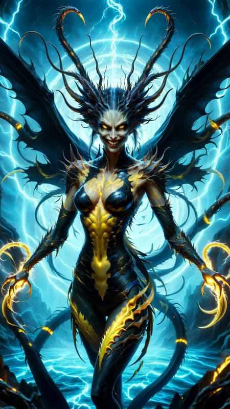 Demon nightmare, there is a reason she is known as FRIGHTWIG. She flys around at night looking for people to scare. If she sees you and you look at her, she turns you into stone and absorbs your life force. The victims become statues with looks of horror on their faces before they crumble to dust. She hates sunlight--- IT BURNS.
Demon female, tall, thin, lithe but muscular, strong elongated limbs. Her skin is inky midnight black with veiny yellow patterns all over. Her eyes have a weird cyan glow, her pointed ears extend way past the back of he head. Her face is stuck in a permanent ear to ear smile with long sharp sharklike teeth. Her hands have long sharp claws on spindly extended fingers, her feet also have claws. She has huge membraneous demon wings, black with transparent yellow patterns throughout. Last but not least, a head full of long, black writhing snakes that are always moving and fully venomous. They fall down past her back, and can easily bite anyone that gets too close. Full body pose, flying at night. Demon nightmare, there is a reason she is known as FRIGHTWIG. She flys around at night looking for people to scare. If she sees you and you look at her, she turns you into stone and absorbs your life force. The victims become statues with looks of horror on their faces before they crumble to dust. She hates sunlight--- IT BURNS.
Demon female, tall, thin, lithe but muscular, strong elongated limbs. Her skin is inky midnight black with veiny yellow patterns all over. Her eyes have a weird cyan glow, her pointed ears extend way past the back of he head. Her face is stuck in a permanent ear to ear smile with long sharp sharklike teeth. Her hands have long sharp claws on spindly extended fingers, her feet also have claws. She has huge membraneous demon wings, black with transparent yellow patterns throughout. Last but not least, a head full of long, black writhing snakes that are always moving and fully venomous. They fall down past her back, and can easily bite anyone that gets too close. Full body pose, flying at night.