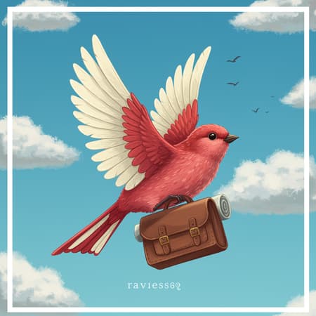 Logo design for a travel website featuring a crimson bird with ivory wings gracefully clutching a vintage travel satchel against a cerulean sky adorned with soft, fluffy clouds; the scene captures the intricate artistry reminiscent of Beatrix Potter, exuding a charming cottagecore aesthetic. Rendered in 8K resolution with meticulous detail, the perspective is set at a 45-degree angle, delivering a harmonious blend of whimsy and elegance that invites exploration and adventure.