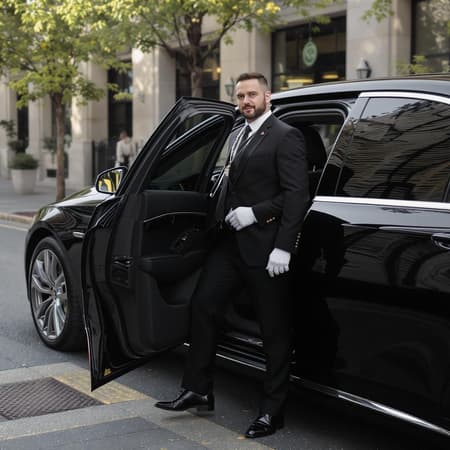 Luxurious corporate transfer scene with a professional chauffeur in a tailored black suit, sleek black car exterior, emphasis on the open door inviting guests, captured in high detail with a Leica 50mm lens at f1.4 for a sophisticated, elegant atmosphere.