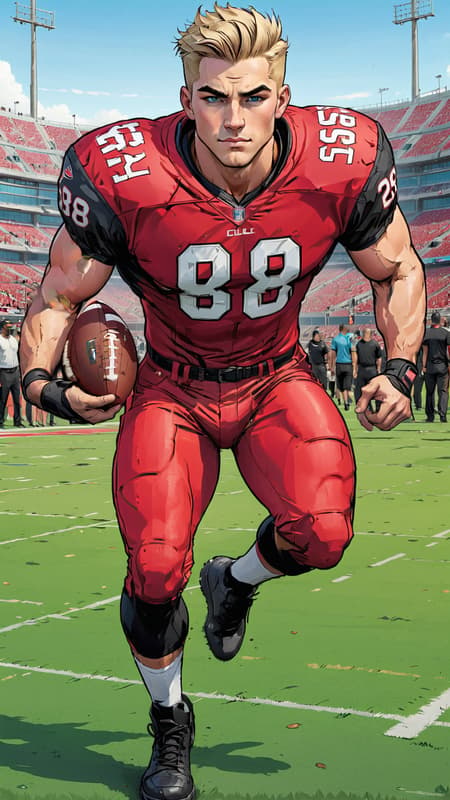 Super-hero, football Player, sports figure, college football. Hypermasculine male, Caucasian white male, young man (about 18 thru 21). Tall, muscular, sinewy, athletic, fit, wide bach and shoulders, broad chest, narrow waist, big thighs and calves. Super fast, can outrun a car, leaves a trail of wind in his wake. Unstoppable, can plow through his opponents on the football field. Handsome, rugged good looks. Light golden blonde very short hair, flat top hairstyle, close on sides and straight spiky on top. Deep set aqua-blue eyes, strong brow and chin, mild soul patch on face. Cleft in chin, cute dimples on face. Black strips under his eyes to reduce glare. Bare chest, shirtless, sweat running down his chest and legs after a hard practice. Black shoulder pads, elbow pads and knee pads on the outside of his body. Bright red (((red))) shiny football shorts stretched over his bulging crotch, revealing strong powerful thighs and legs. Black cleated football shoes. Usually running, a need for speed. Full body pose. 