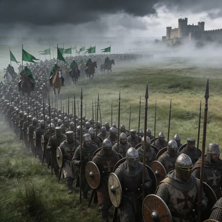 Photorealistic Wide Shot Of A Photorealistic wide shot of a massive medieval army formed up on a misty, overcast day in a vast, grassy field. The main subject is an endless line of pikemen in the foreground, stretching diagonally from the bottom left to the middle right, wearing chainmail and helmets, holding spears and round shields. Behind them, cavalry with green banners are mounted on horses. A distant castle is visible on the right horizon, partially obscured by mist. The sky is dark and cloudy. The mood is somber, foreboding, and epic. Colors are muted greens, grays, and browns, with a cool, desaturated tone. High detail, cinematic still, hyperrealistic.