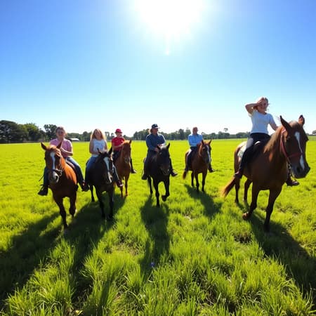 A lively group of students eagerly learning horseback riding in a lush, expansive green field. The bright midday sun casts a warm, inviting glow over the scene, highlighting their energetic spirits. The horses, calm yet spirited, reflect the serene ambiance of the countryside. Shadows from the distant trees dance across the grass, capturing a moment of joyous discovery and adventure in nature's embrace. The sky is a clear, uninterrupted blue, adding a sense of vastness and freedom to this picturesque snapshot of youthful exploration.