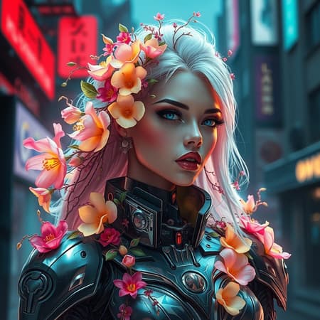Cyberpunk floral-themed woman, intricately detailed and vibrant, exuding a fusion of nature and futuristic technology, elegance in her metallic armor adorned with blooming flowers and digital vines, sharp features with an ethereal glow, neon hues contrast against dark urban backdrop, embodying strength and grace in a world where nature and machinery coexist harmoniously.