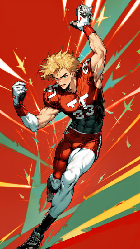 Super-hero, football Player, sports figure, college football. Hypermasculine male, Caucasian white male, young man (about 18 thru 21). Tall, muscular, sinewy, athletic, fit, wide bach and shoulders, broad chest, narrow waist, big thighs and calves. Super fast, can outrun a car, leaves a trail of wind in his wake. Unstoppable, can plow through his opponents on the football field. Handsome, rugged good looks. Light golden blonde very short hair, flat top hairstyle, close on sides and straight spiky on top. Deep set aqua-blue eyes, strong brow and chin, mild soul patch on face. Cleft in chin, cute dimples on face. Black strips under his eyes to reduce glare. Bare chest, shirtless, sweat running down his chest and legs after a hard practice. Black shoulder pads, elbow pads and knee pads on the outside of his body. Bright red (((red))) shiny football shorts stretched over his bulging crotch, revealing strong powerful thighs and legs. Black cleated football shoes. Usually running, a need for speed. Full body pose. 