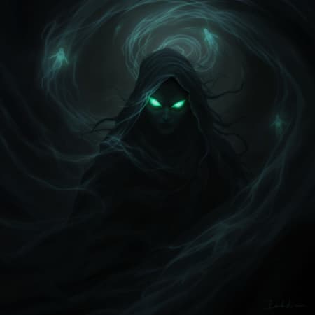 Sorceress Stands Amidst Artwork A spectral sorceress stands amidst a swirling vortex of translucent phantoms, her eyes ablaze with an eerie green luminescence that pierces through the darkness. Clad in ethereal robes that seem to merge with the shadows, she exudes an air of ominous command. The ghostly apparitions around her shift restlessly, casting an unearthly glow that contrasts with the somber gloom enveloping the scene. As cinematic shadows dance across her figure, the mood is steeped in chilling horror, creating a sense of inevitable doom hovering in the foreboding air.