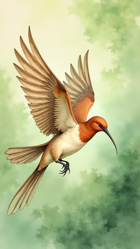 Traditional Illustration Capturing Art Traditional illustration of a bird in flight, capturing a harmonious and serene essence, inspired by Romanticism. The artwork features a watercolor technique with an earthy color palette, set against a lush green background, embracing a raw and organic style.