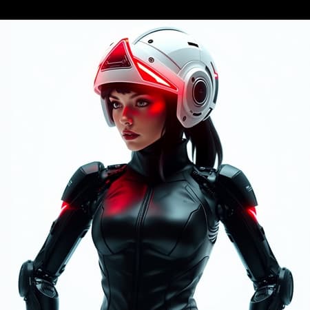 A futuristic cyborg girl stands poised against a crisp white background, her presence both striking and enigmatic. Her cybernetic helmet commands attention, featuring captivating triangular red LED lights that form a radiant halo around her head, adding a celestial aura to her advanced design. Her sleek black Techwear jacket clings to her, a perfect fusion of modern style and functionality, with its streamlined cut and high-tech materials accenting her silhouette. The intricacies of her cybernetic enhancements are on full display, each component seamlessly integrated into her human form, showcasing an aesthetic that is both advanced and harmonious. The contrast between the bright background and her dark apparel highlights the meticulous details and craftsmanship of her futuristic attire, inviting the viewer to explore the boundary where humanity and technology converge in a stunning display of innovation.