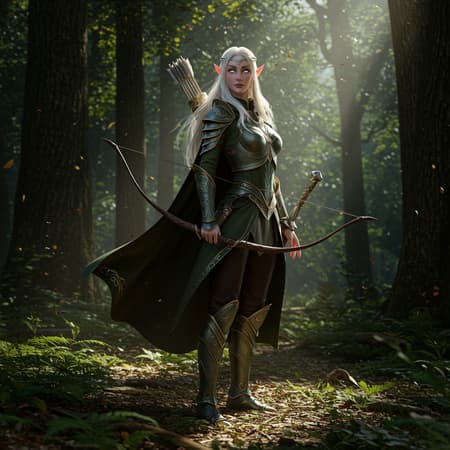 A stunningly detailed elven female archer, poised with elegance in the heart of an ancient forest, her graceful silhouette highlighted by the dappled sunlight filtering through the canopy. With a quiver of finely crafted arrows slung across her back, she embodies the spirit of a mythical hero from a fantasy realm. Her intricately designed armor, adorned with delicate elvish motifs, shimmers subtly, reflecting her connection to the natural world. The dramatic lighting accentuates her ethereal features, casting a magical aura around her. This hyperrealistic and cinematic scene captures the essence of an epic RPG, reminiscent of dungeons & dragons adventures, rendered in breathtaking 8k resolution. A stunningly detailed elven female archer, poised with elegance in the heart of an ancient forest, her graceful silhouette highlighted by the dappled sunlight filtering through the canopy. With a quiver of finely crafted arrows slung across her back, she embodies the spirit of a mythical hero from a fantasy realm. Her intricately designed armor, adorned with delicate elvish motifs, shimmers subtly, reflecting her connection to the natural world. The dramatic lighting accentuates her ethereal features, casting a magical aura around her. This hyperrealistic and cinematic scene captures the essence of an epic RPG, reminiscent of dungeons & dragons adventures, rendered in breathtaking 8k resolution.