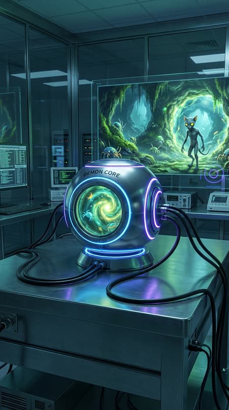 Photorealistic image of a futuristic spherical device labeled "DEMON CORE" on a metal lab table, connected by black cables. The sphere glows with vibrant blue and purple neon lights, and its central circular window reveals a swirling green and yellow portal containing small, crab-like alien creatures. In the background, a large portal or screen displays a cavernous, glowing green alien landscape with more creatures, one of which appears to be a grey, cat-like alien with glowing eyes, stepping out. The setting is a dimly lit, high-tech science laboratory with glass walls, showing other lab equipment and computer monitors displaying data. The overall mood is mysterious and tense, with cool blue and green tones dominating the lighting, creating strong reflections on surfaces.